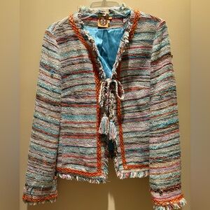 Tory Burch Abageil Size 12 Jacket Velour Multicolor Tweed Front Tie Boxy